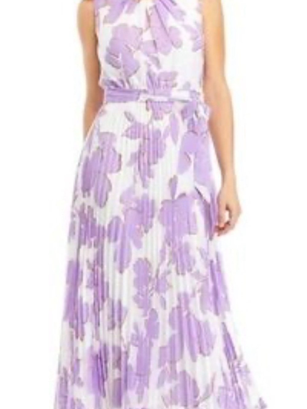 Sandra Darren White Maxi Dress with Lavender Floral Print and Waist Tie